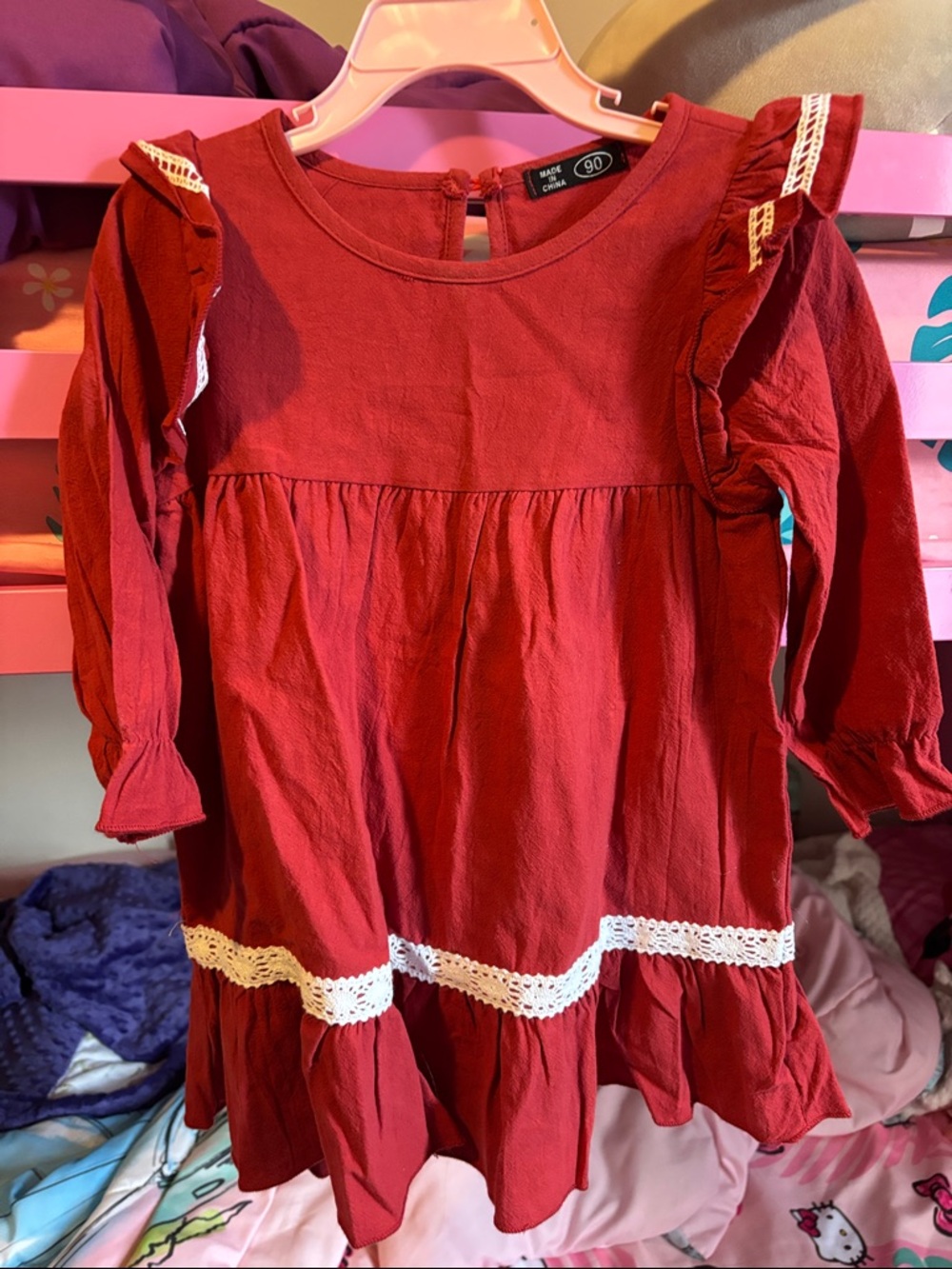SHEIN Red Long Sleeve Ruffle Dress with Lace Trim